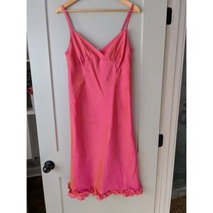 Dosa Silk Slip Dress Pink Orange Ruched Bust Ruffle Hem Midi Size 4 READ